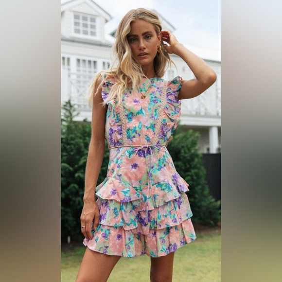 Indikah Dresses & Skirts - Indikah Floral Ruffle Tiered Open Back Mini Dress Pink Green Cottagecore Size 4